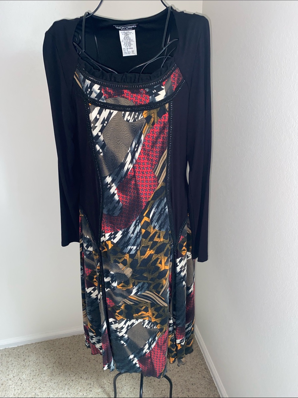 Simon Chang Black Long-Sleeve Dress with Red & Mustard Print Panel